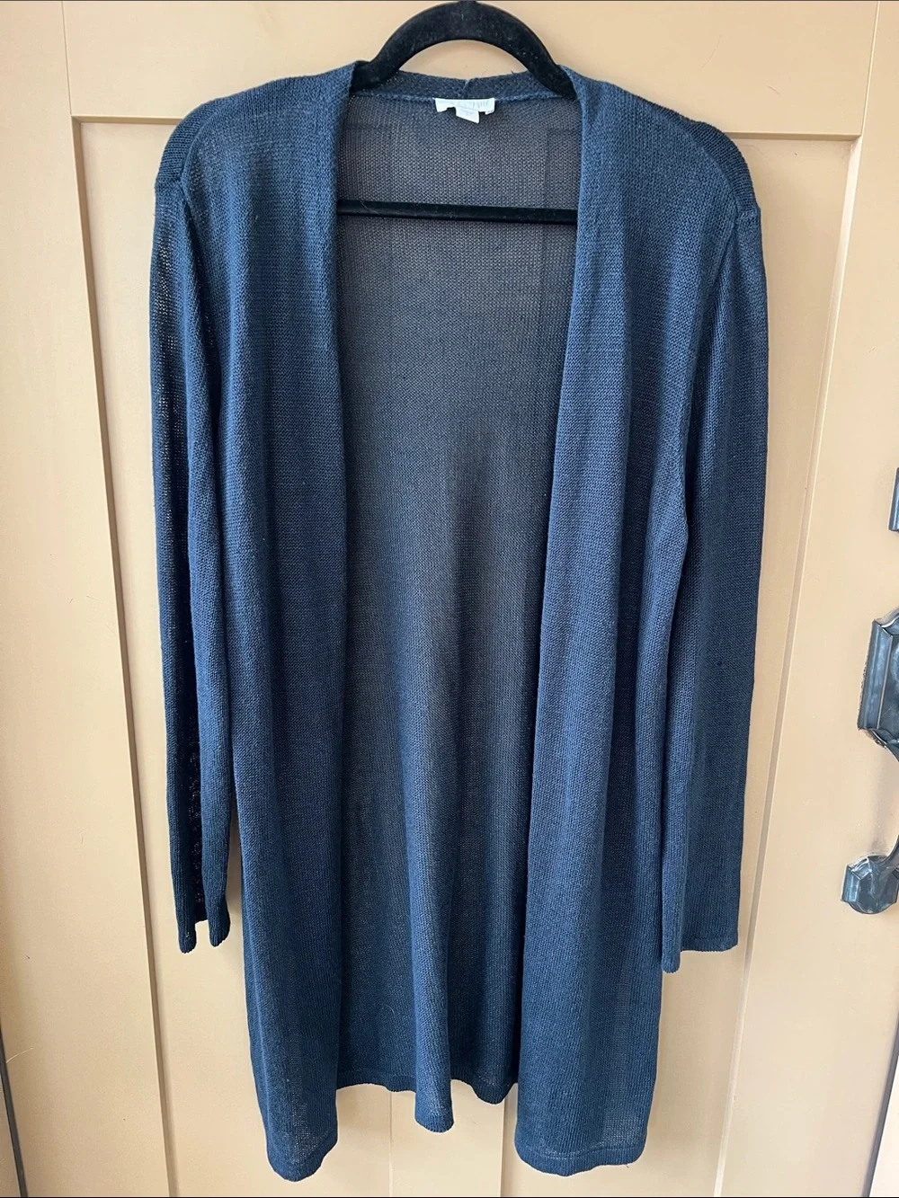 J.Jill Navy Sz L Linen Open Knit Long Line Open Front Duster Cardigan